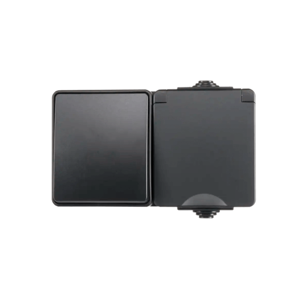 ION INDUSTRIES | OPBOUW WANDCONTACTDOOS + WISSELSCHAKELAAR | HORIZONTAAL | IP55 | ZWART